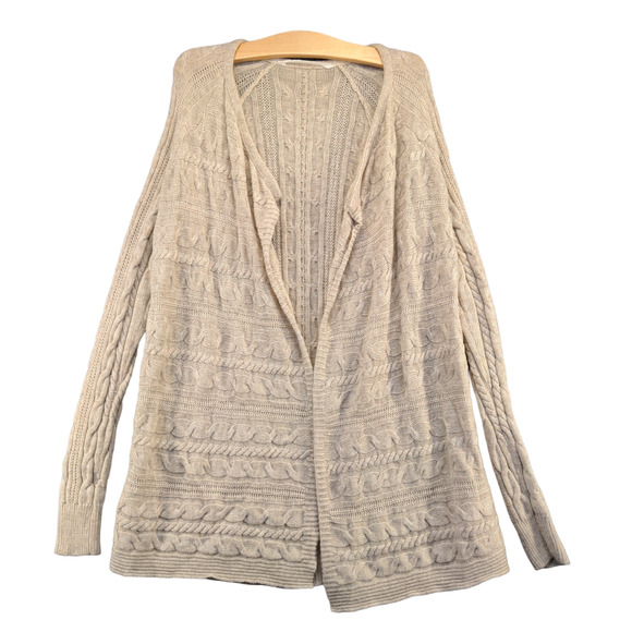 Athleta Women's Cable Knit Open Cardigan Tan M Extra Fine Merino Wool - Picture 1 of 12